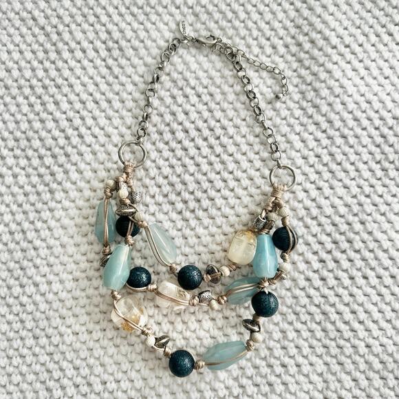 Chico's Triple Strand Large Blue Gem Stone Acrylic Chunky Statement Necklace - Picture 7 of 7